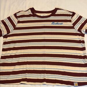 Women’s Carhartt Short-Sleeve Striped Tee in Maroon, Cream & Light Blue NWOT